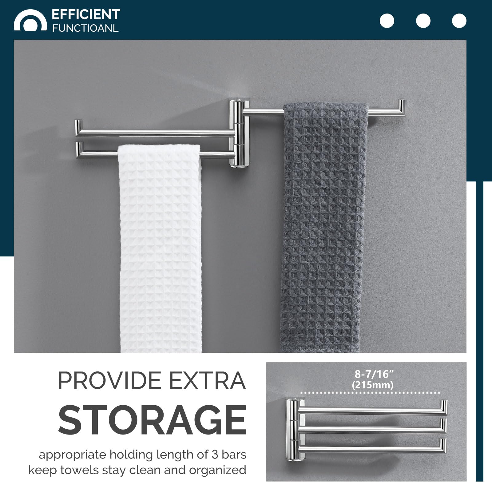 Angle Simple Swivel Hand Towel Rack 3 Bars Polished Chrome, 304 Stainless Steel Bathroom Towel Holder Wall Mount